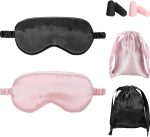 Silk Satin Sleep Eye Mask Set: Includes 2 Double-Layer Silk-Filled Masks with Elastic Straps, 2 Pairs of Earplugs, & 2 Storage Pouches | Unisex | Ideal for Sleeping, Travel, & Napping (Black, Pink)
