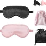 Silk Satin Sleep Eye Mask Set: Includes 2 Double-Layer Silk-Filled Masks with Elastic Straps, 2 Pairs of Earplugs, & 2 Storage Pouches | Unisex | Ideal for Sleeping, Travel, & Napping (Black, Pink)